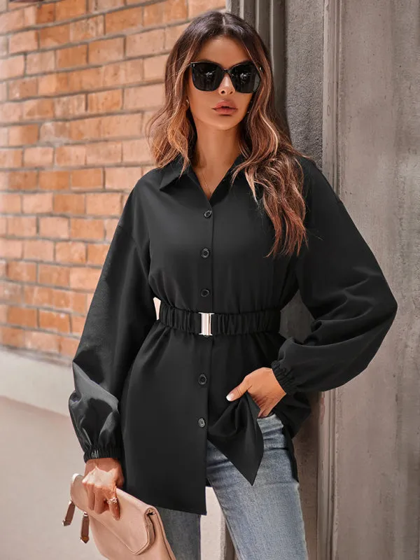 Solid Button-Up Long Lantern Sleeve Belted Shirt