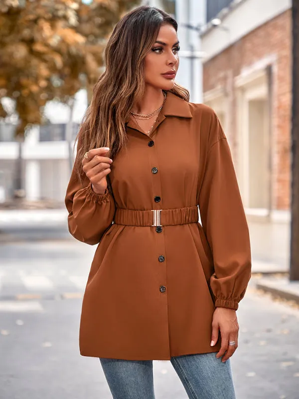 Solid Button-Up Long Lantern Sleeve Belted Shirt