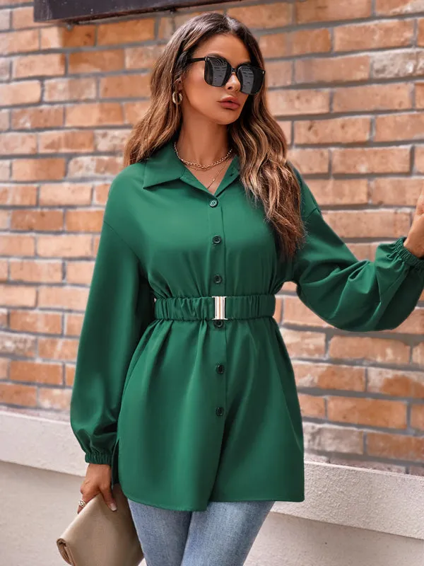 Solid Button-Up Long Lantern Sleeve Belted Shirt