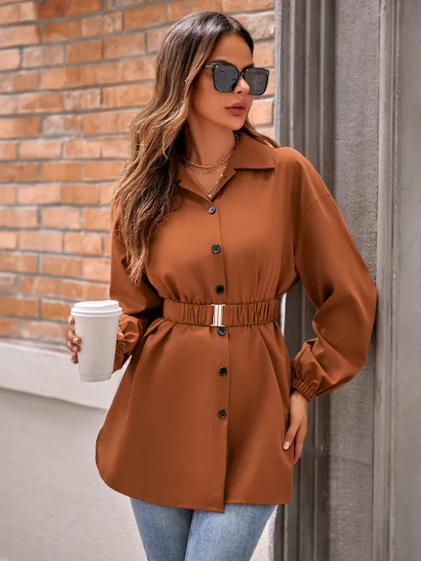 Solid Button-Up Long Lantern Sleeve Belted Shirt