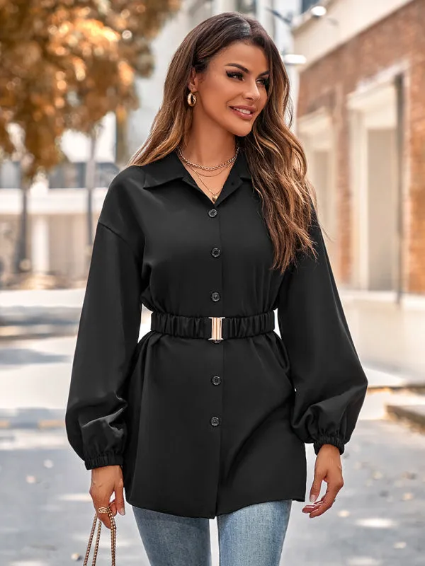 Solid Button-Up Long Lantern Sleeve Belted Shirt