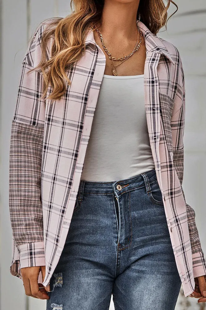 Stripes Splicing Button Up Pocket Plaid Shirt