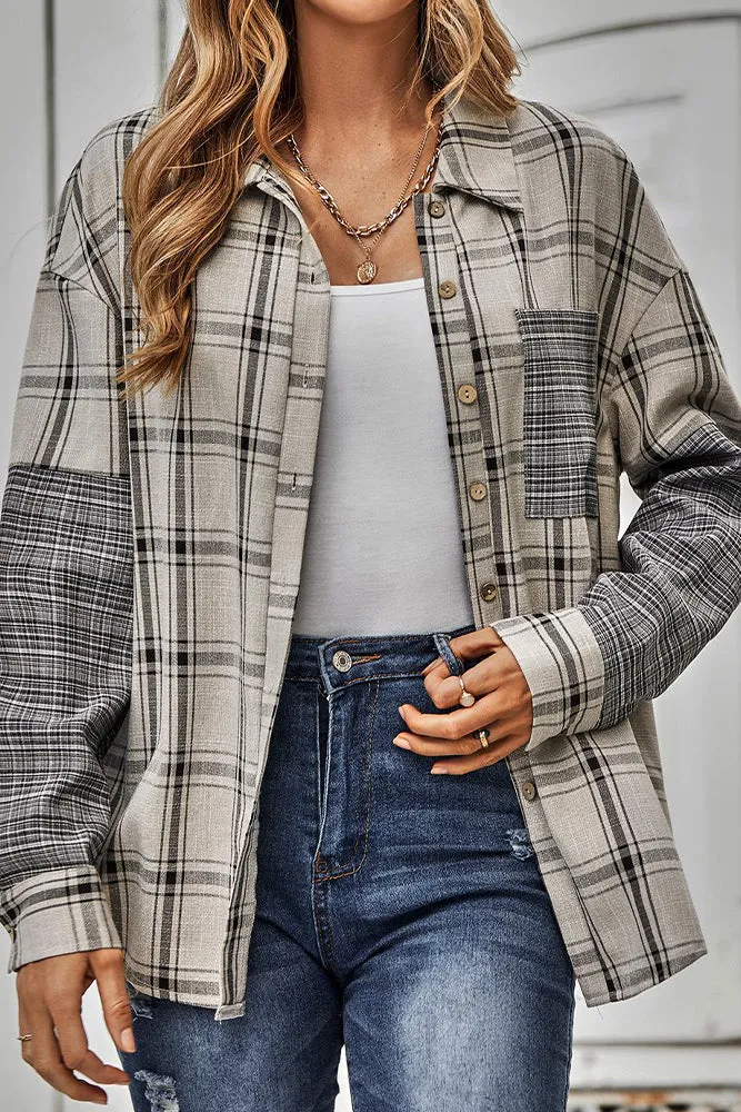 Stripes Splicing Button Up Pocket Plaid Shirt