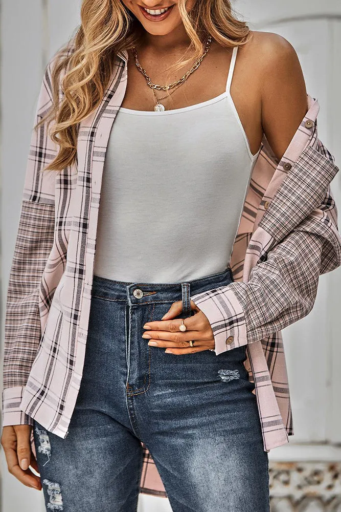 Stripes Splicing Button Up Pocket Plaid Shirt