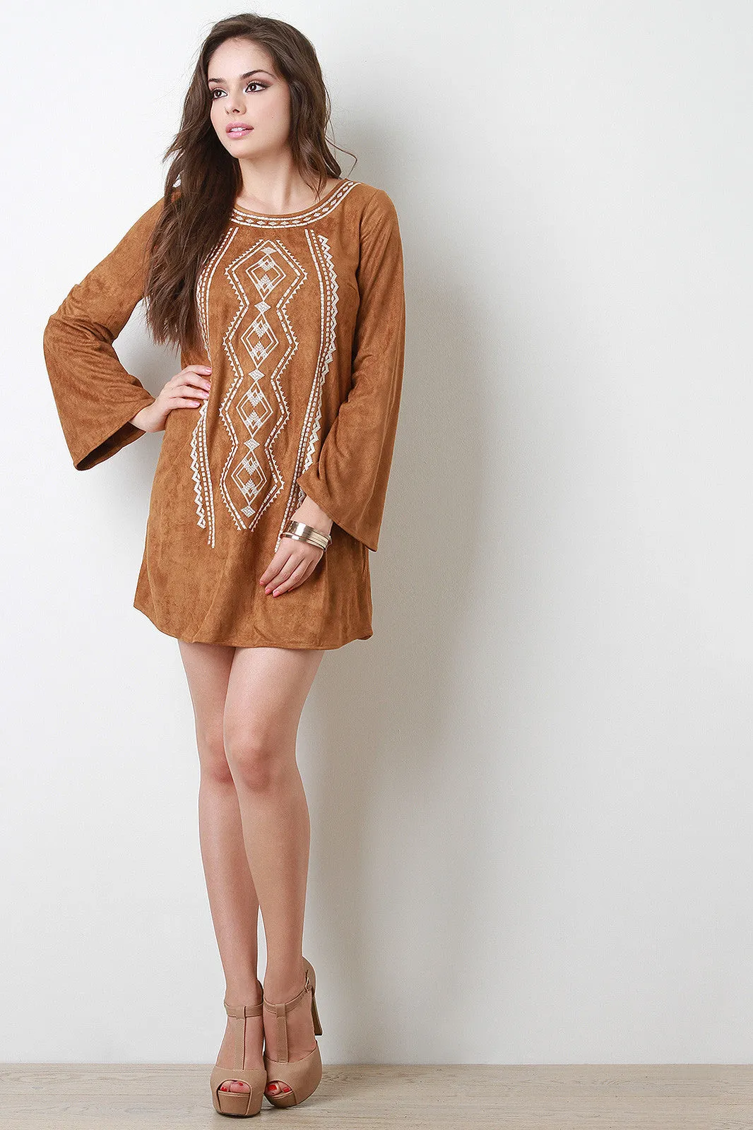 Suede Embroidered Bell Sleeves Shift Dress