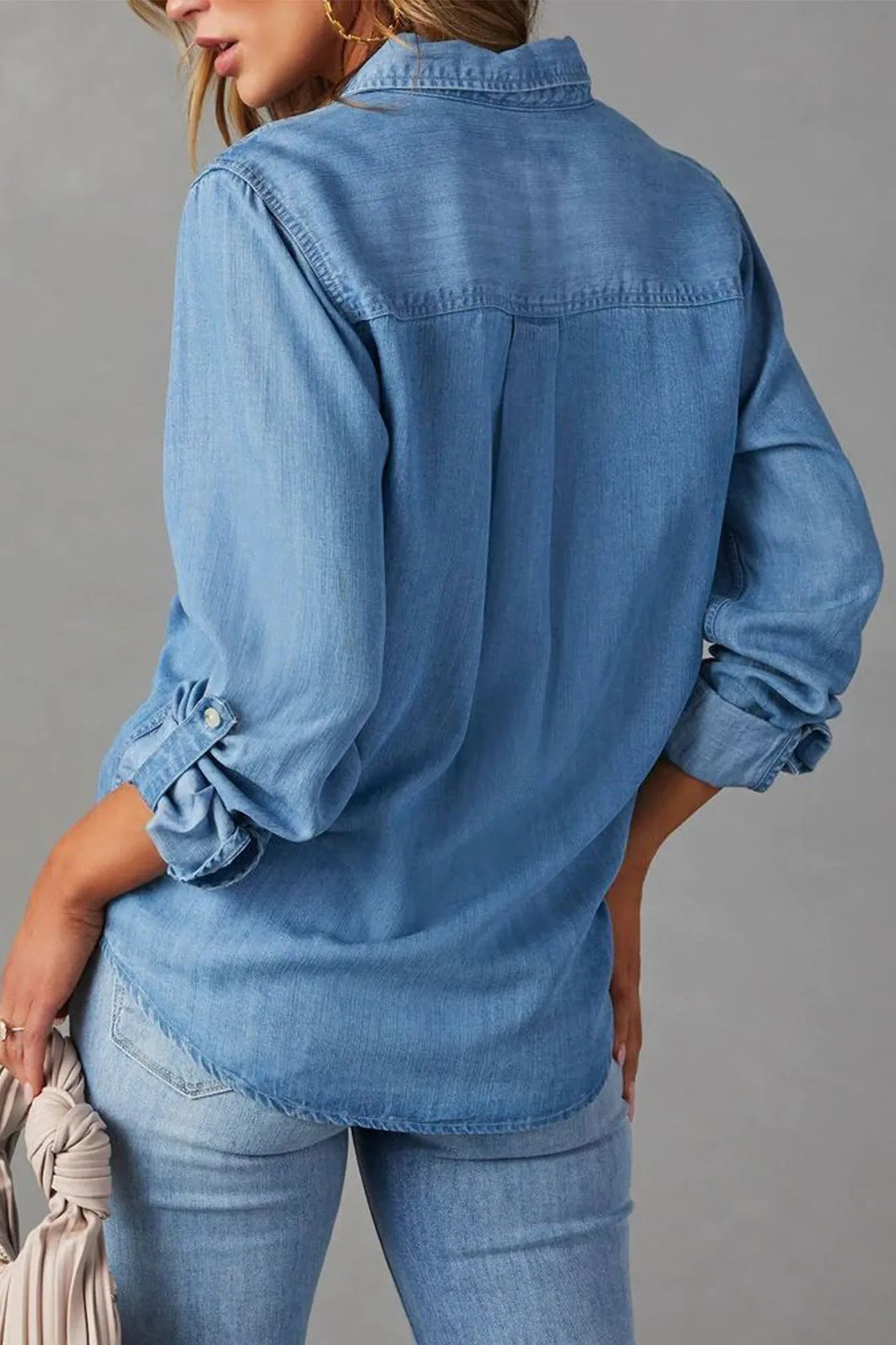 TastyHottie - Long Sleeve Button-Up Denim Blouse