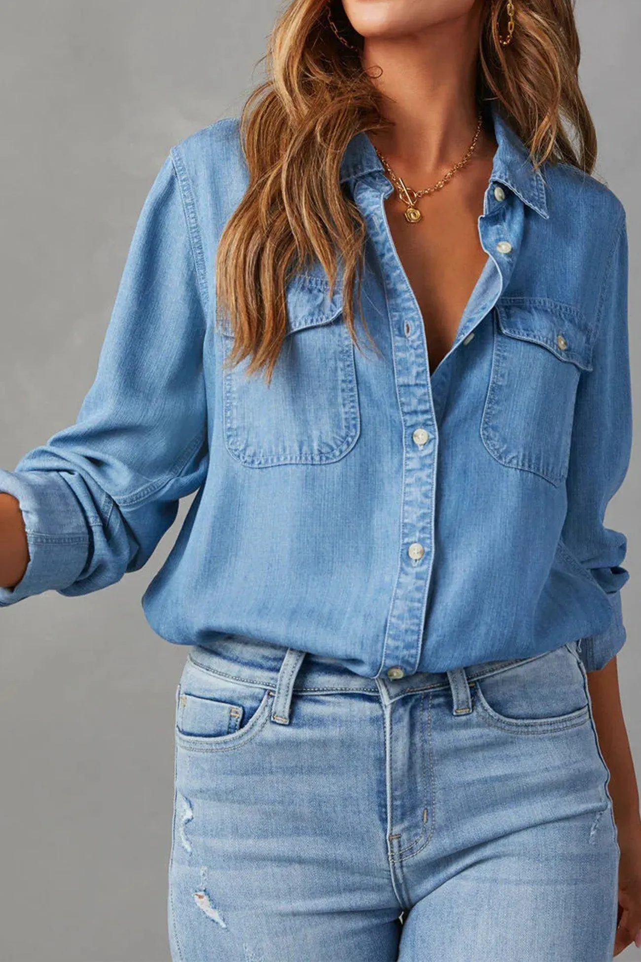 TastyHottie - Long Sleeve Button-Up Denim Blouse