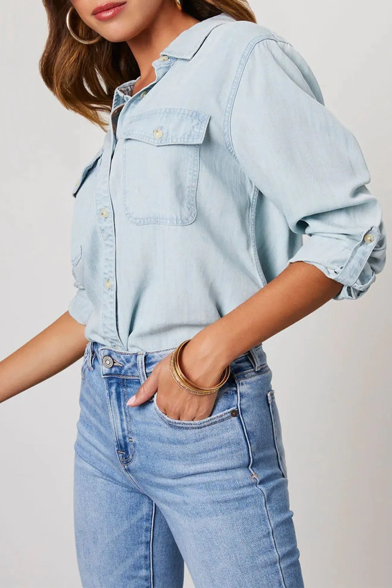 TastyHottie - Long Sleeve Button-Up Denim Blouse