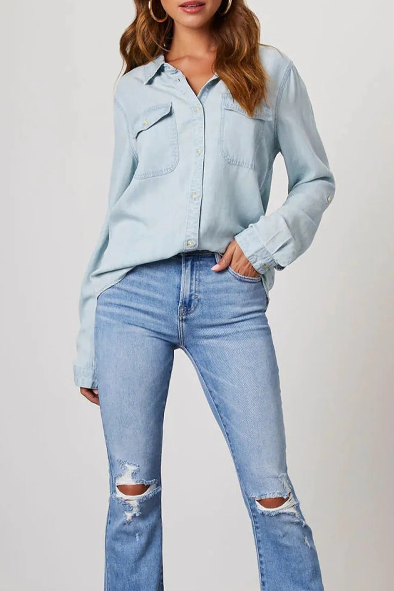 TastyHottie - Long Sleeve Button-Up Denim Blouse