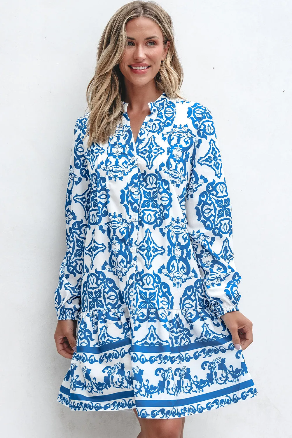 Tribal Print Button Up Notch Neck Loose Dress