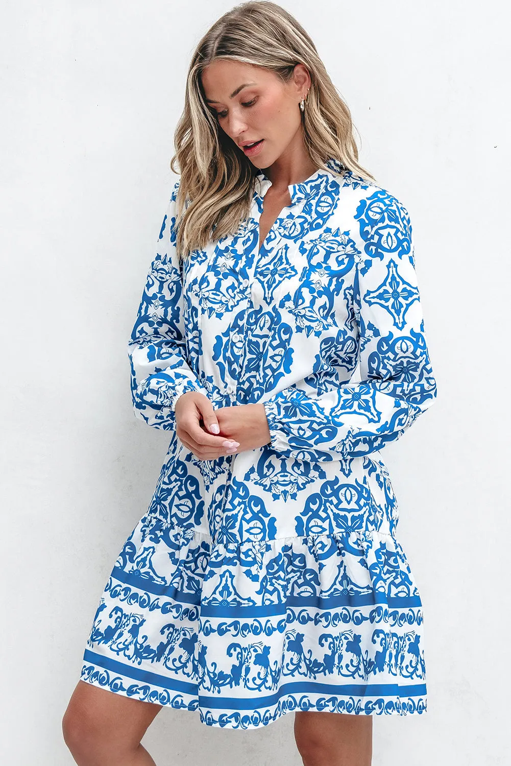 Tribal Print Button Up Notch Neck Loose Dress