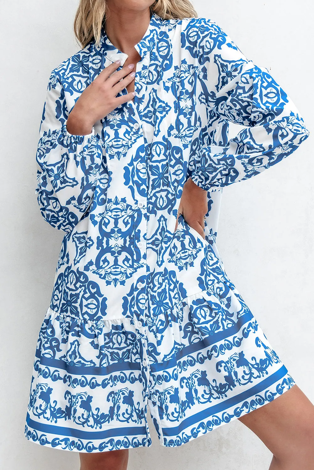 Tribal Print Button Up Notch Neck Loose Dress