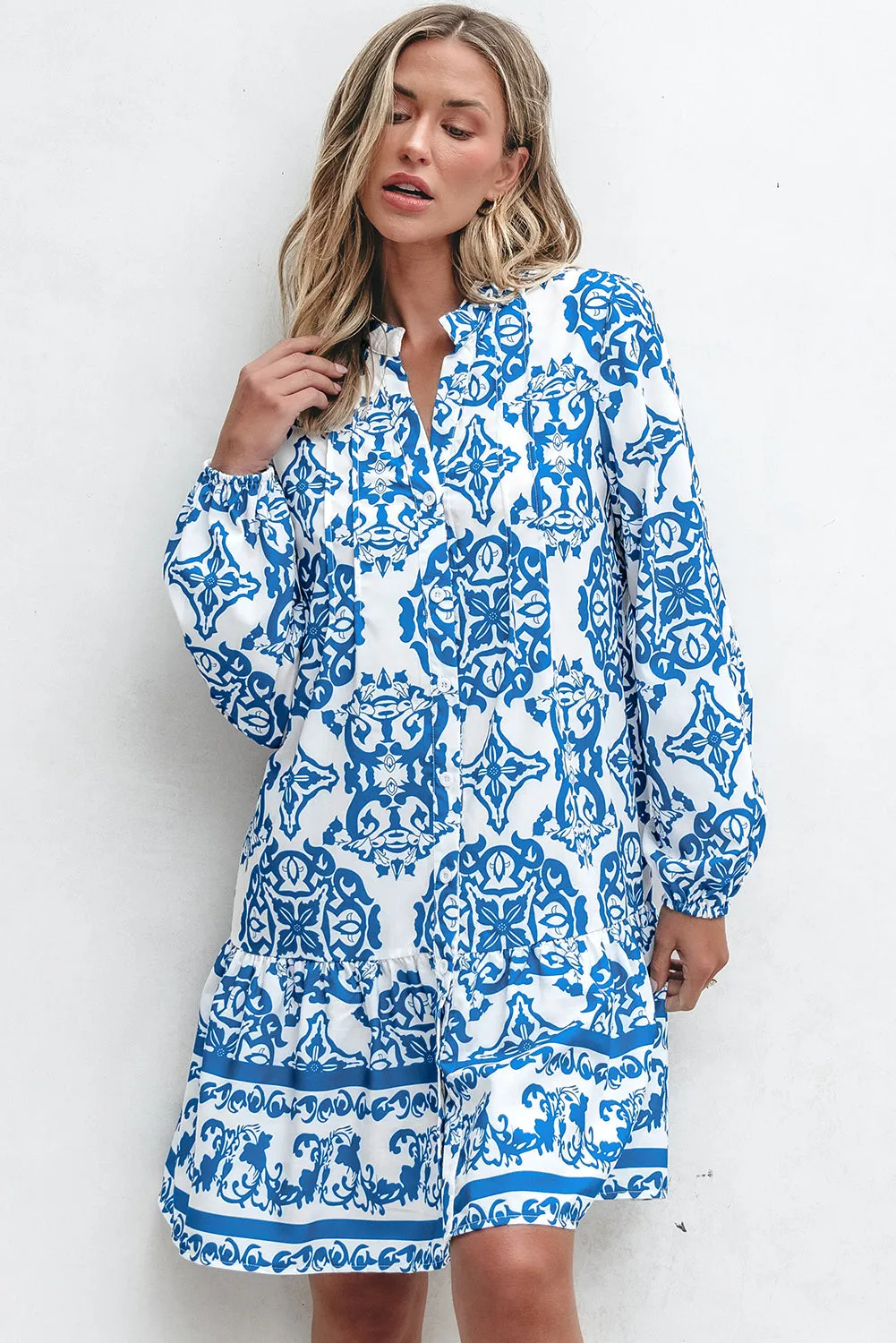 Tribal Print Button Up Notch Neck Loose Dress