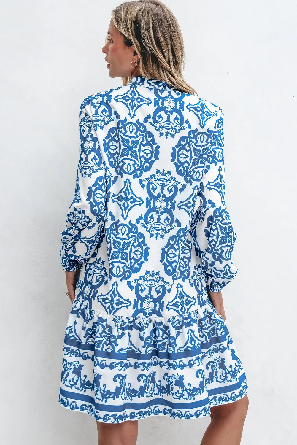 Tribal Print Button Up Notch Neck Loose Dress