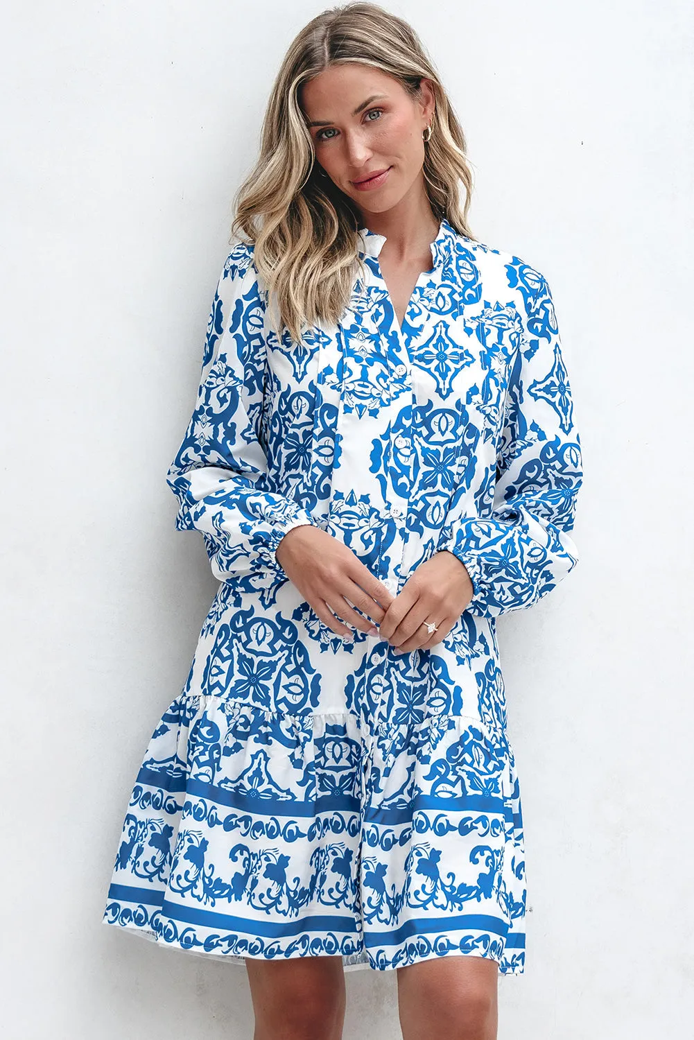 Tribal Print Button Up Notch Neck Loose Dress