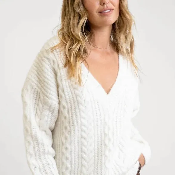 V Neck Cable Sweater (Ivory)