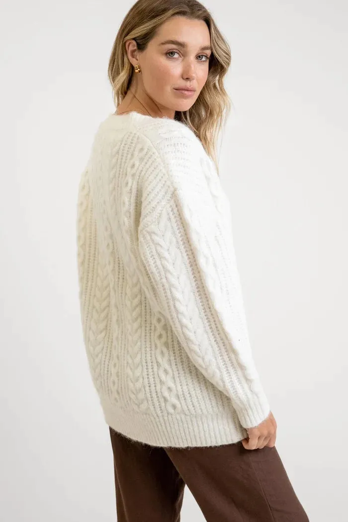 V Neck Cable Sweater (Ivory)