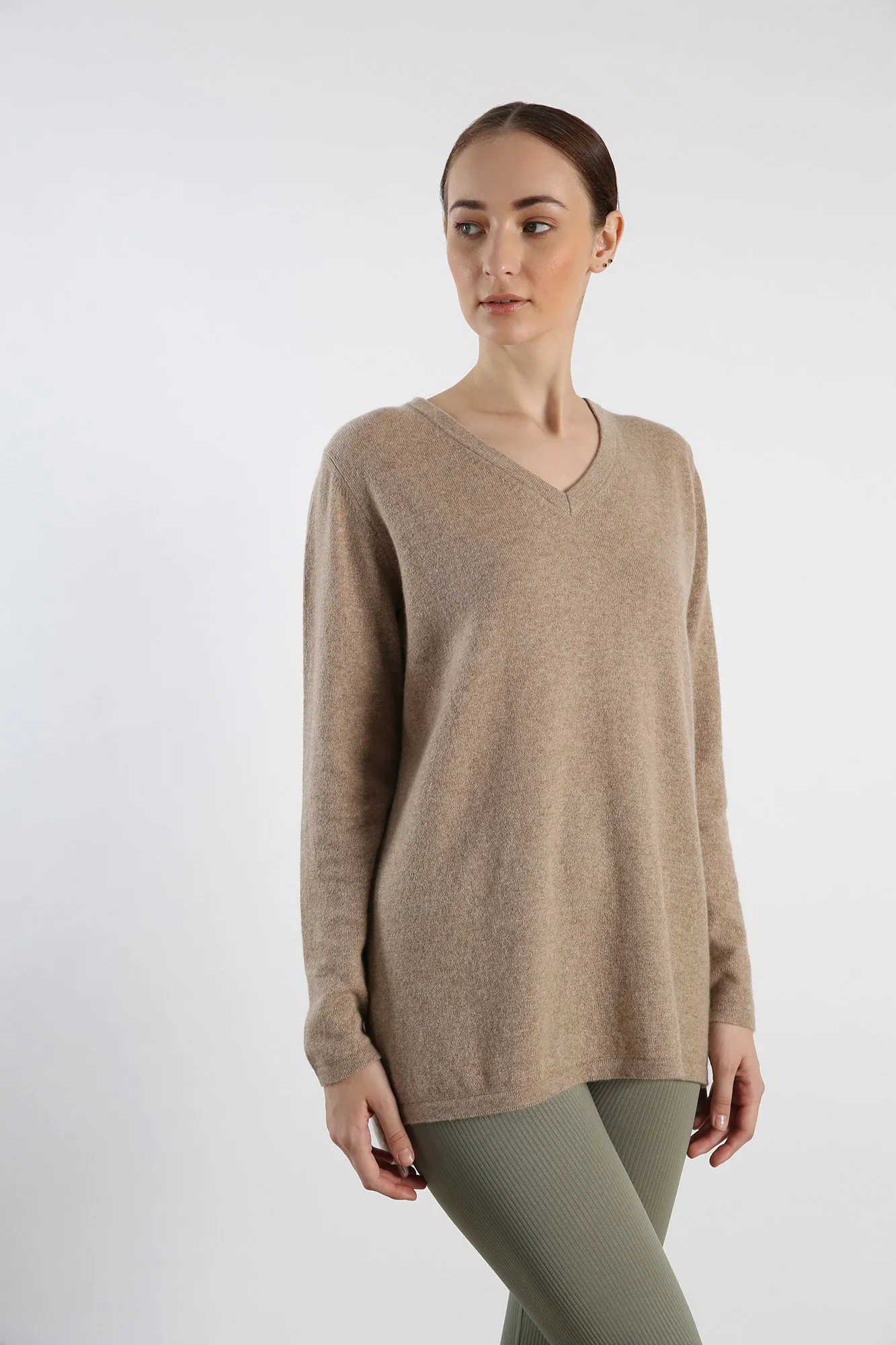 V Neck Pure cashmere Sweater - Sand