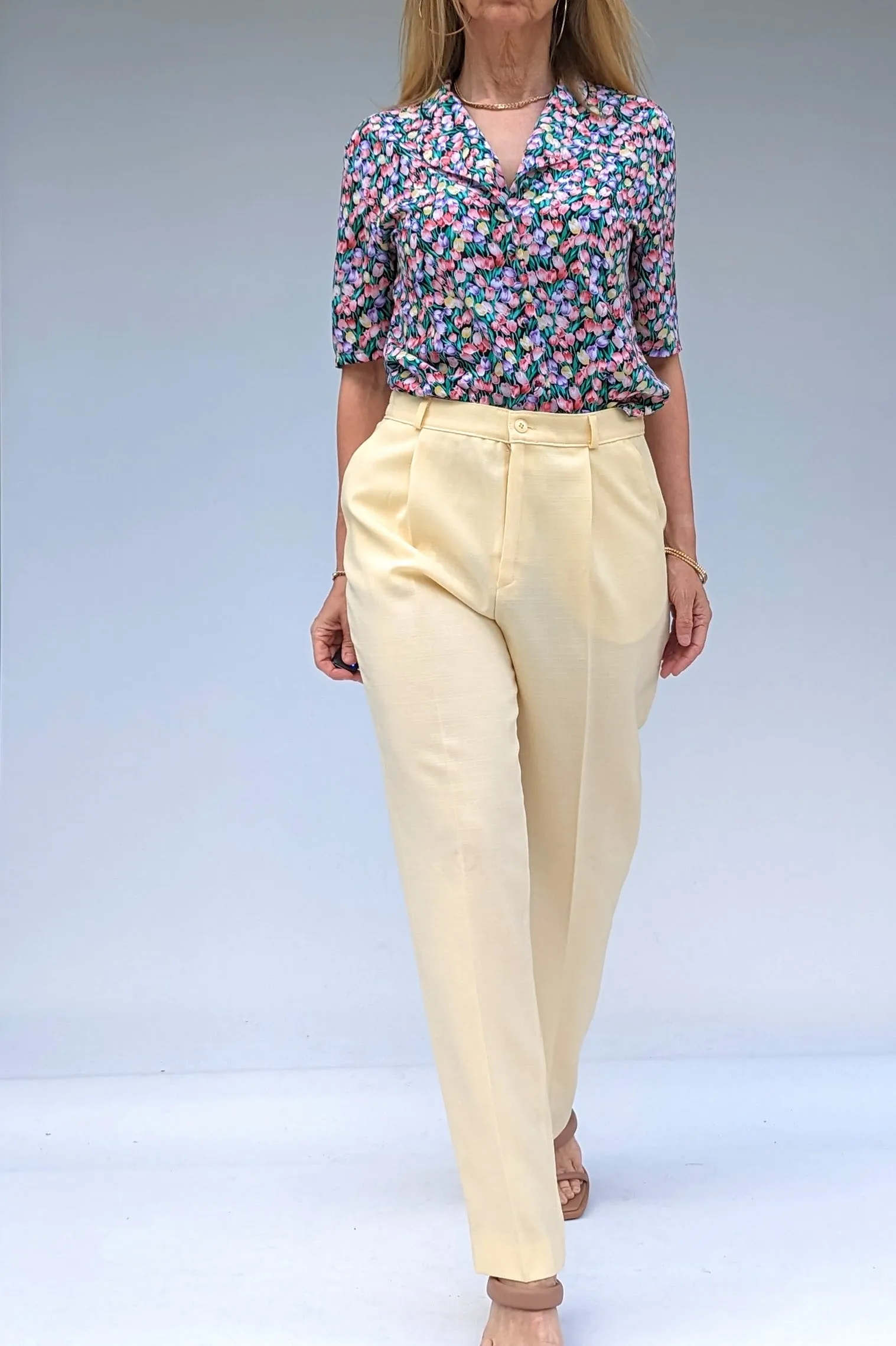 Vintage 80s Summer Pastel Yellow High Waisted Tailored Trousers