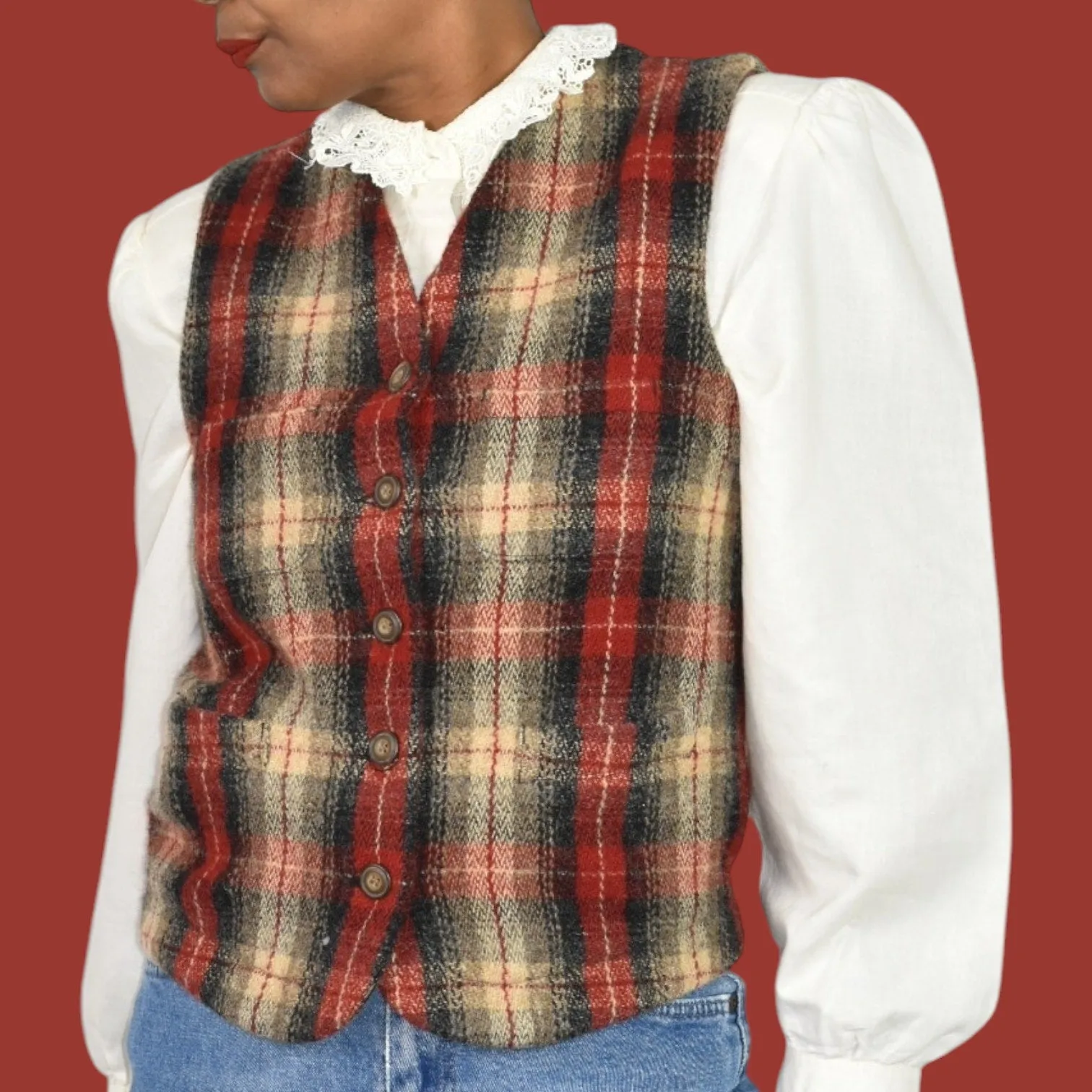 Vintage Eddie Bauer Plaid Wool Vest Red Tartan Check Equestrian Waistcoat Size Small