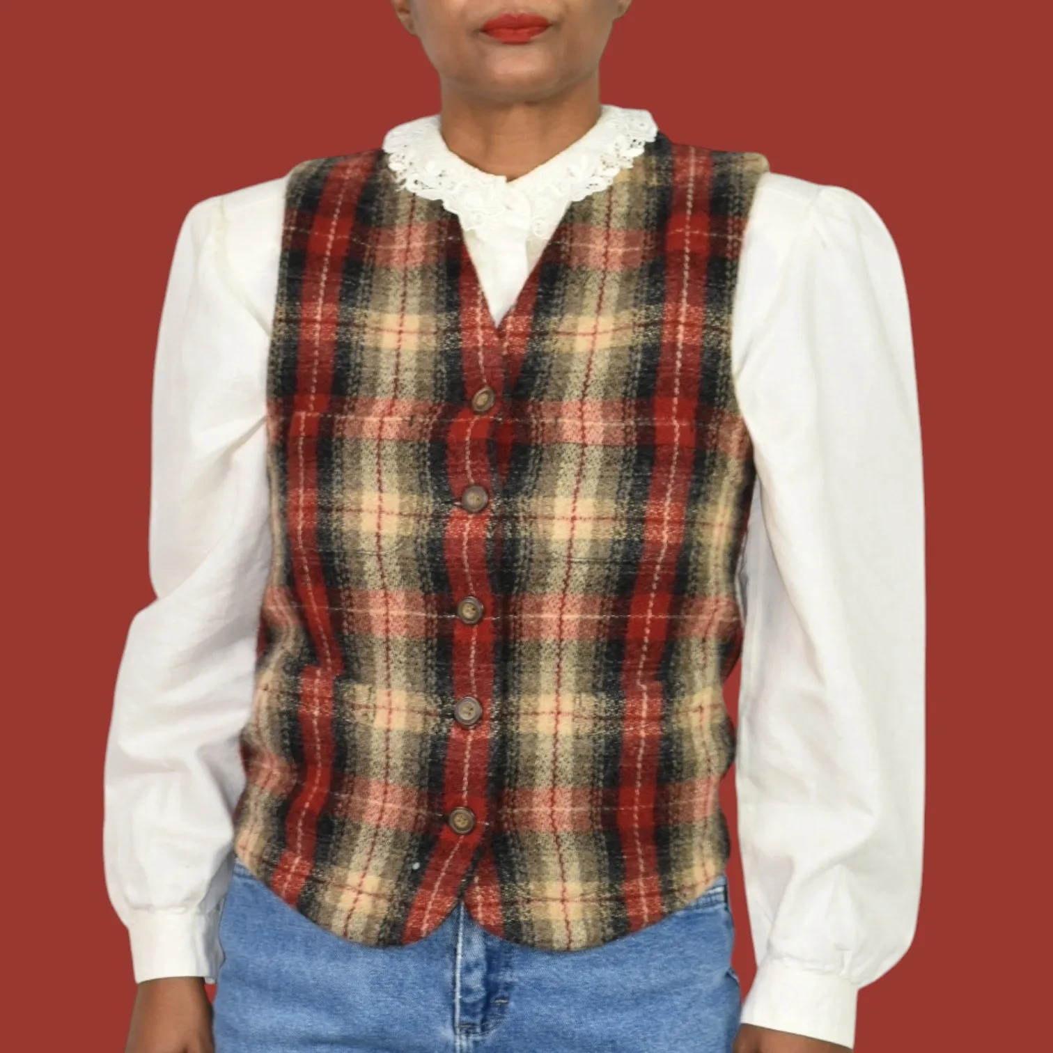 Vintage Eddie Bauer Plaid Wool Vest Red Tartan Check Equestrian Waistcoat Size Small