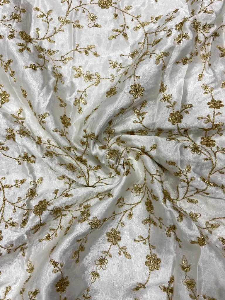 White & Golden Floral Dyeable Embroidered Viscose Gaji Silk Fabric (Wholesale)