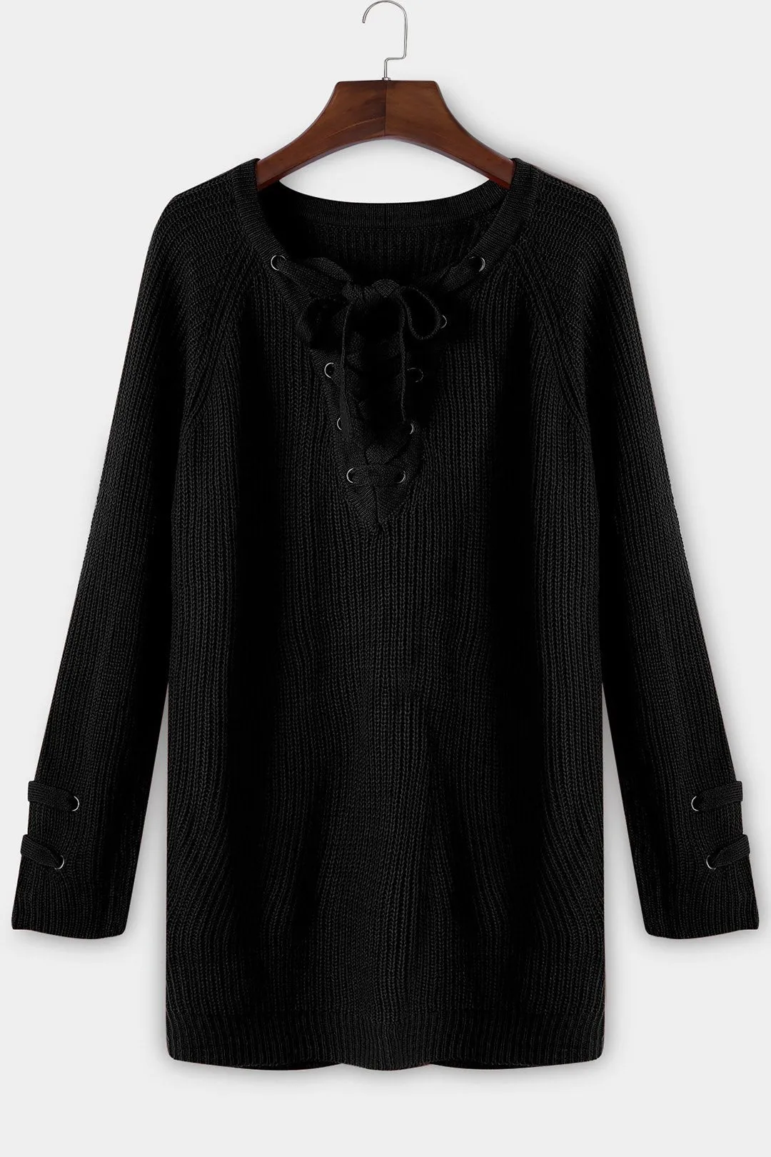 Wholesale Black V-Neck Long Sleeve Lace-Up Sweaters