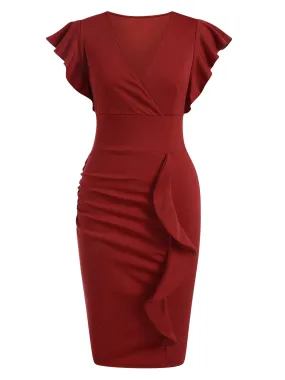 Wine Red 1960s Solid Ruffle Trim Dress