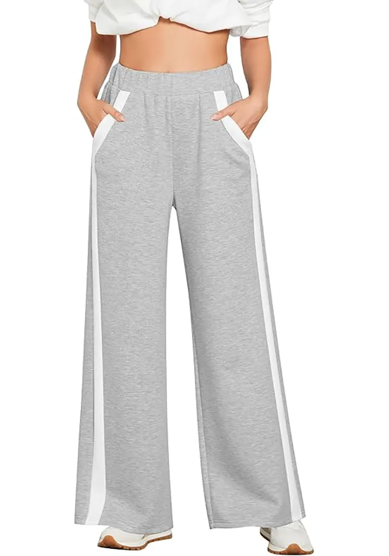 Women's Casual Elastic Waist Pants High Waisted Full Length Relaxed Fit Stretch Wide Leg Sports Wear