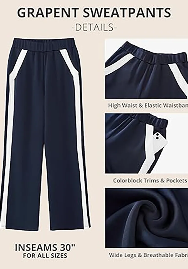 Women's Casual Elastic Waist Pants High Waisted Full Length Relaxed Fit Stretch Wide Leg Sports Wear