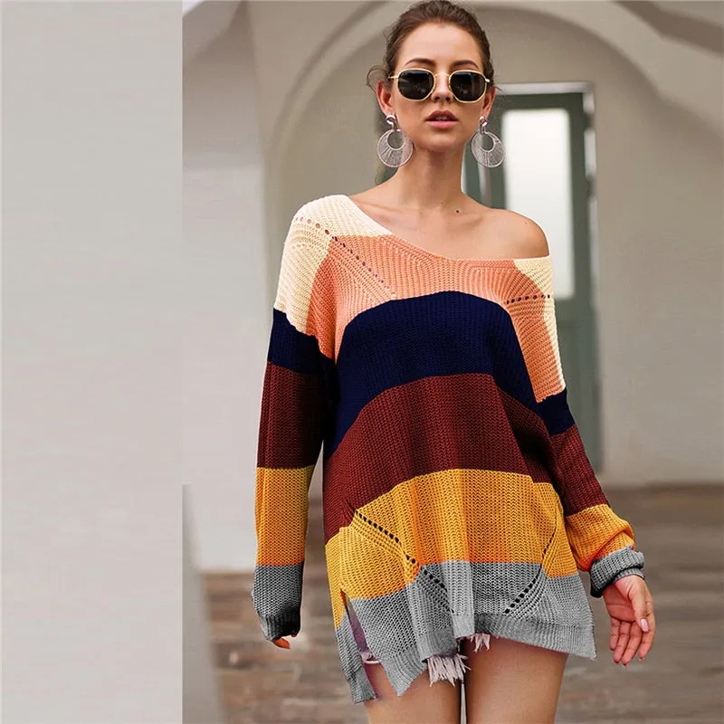 Women's Casual Striped V-Neck Long-Sleeved Sweater