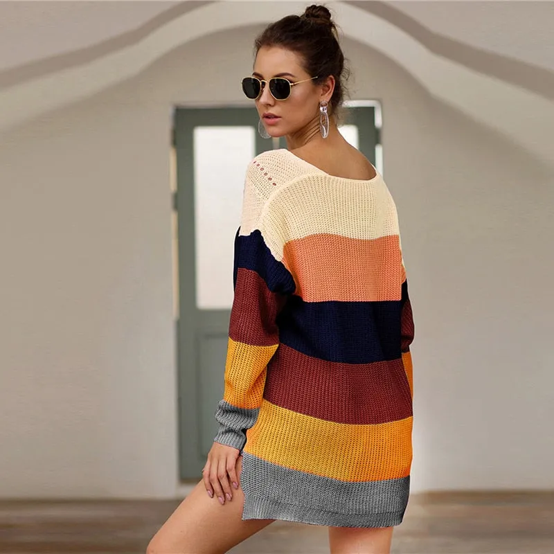 Women's Casual Striped V-Neck Long-Sleeved Sweater