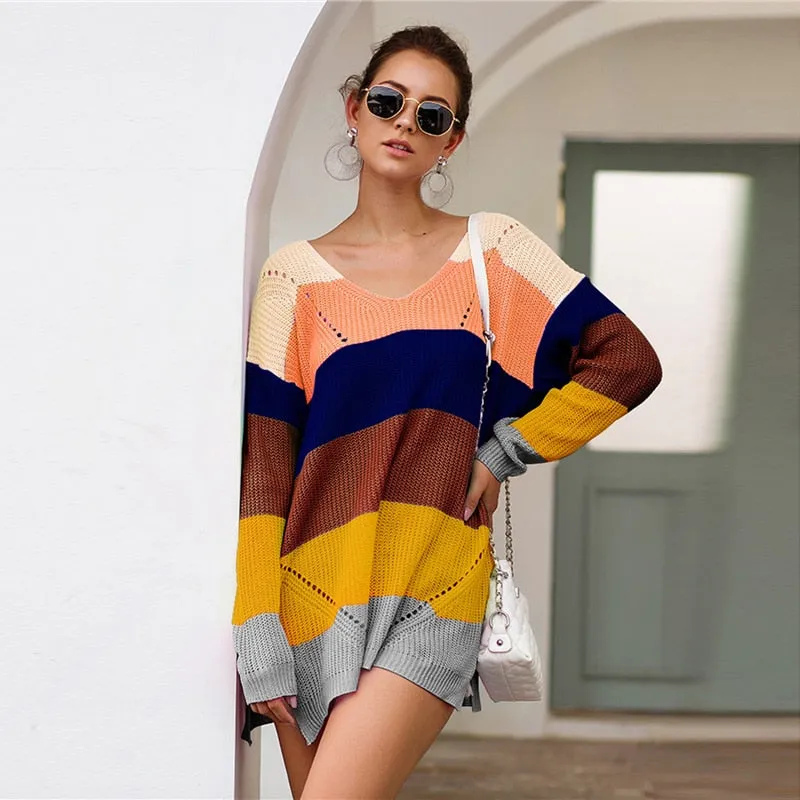 Women's Casual Striped V-Neck Long-Sleeved Sweater