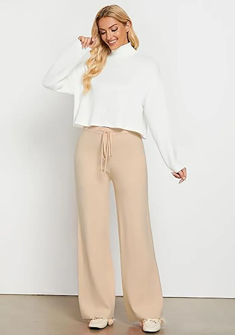 Women's Full-Length Wide Leg Stretch Casual Pants Elastic Waist Relaxed Fit