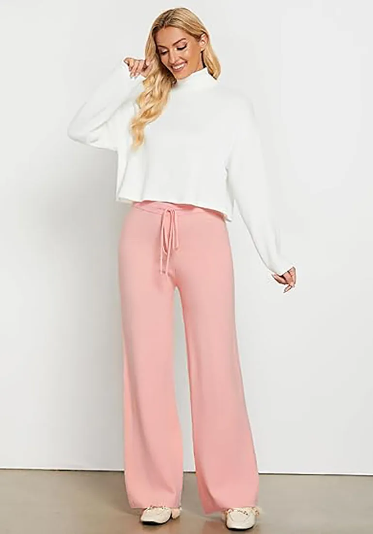 Women's Full-Length Wide Leg Stretch Casual Pants Elastic Waist Relaxed Fit