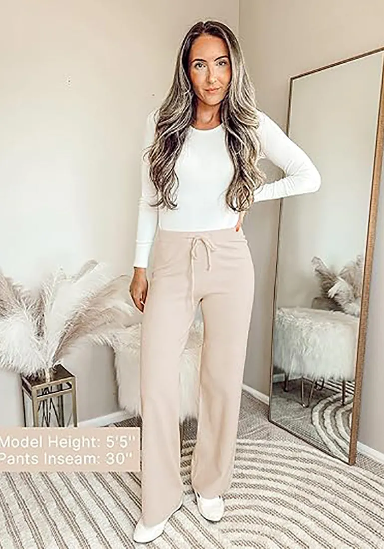 Women's Full-Length Wide Leg Stretch Casual Pants Elastic Waist Relaxed Fit