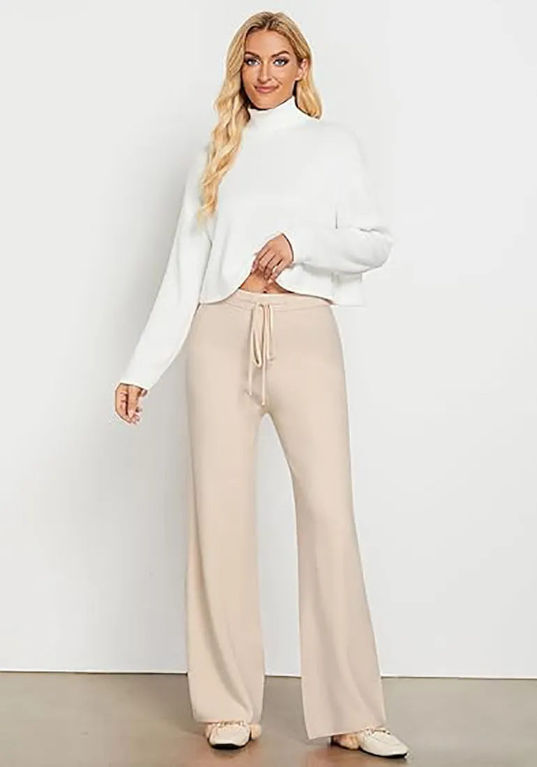 Women's Full-Length Wide Leg Stretch Casual Pants Elastic Waist Relaxed Fit