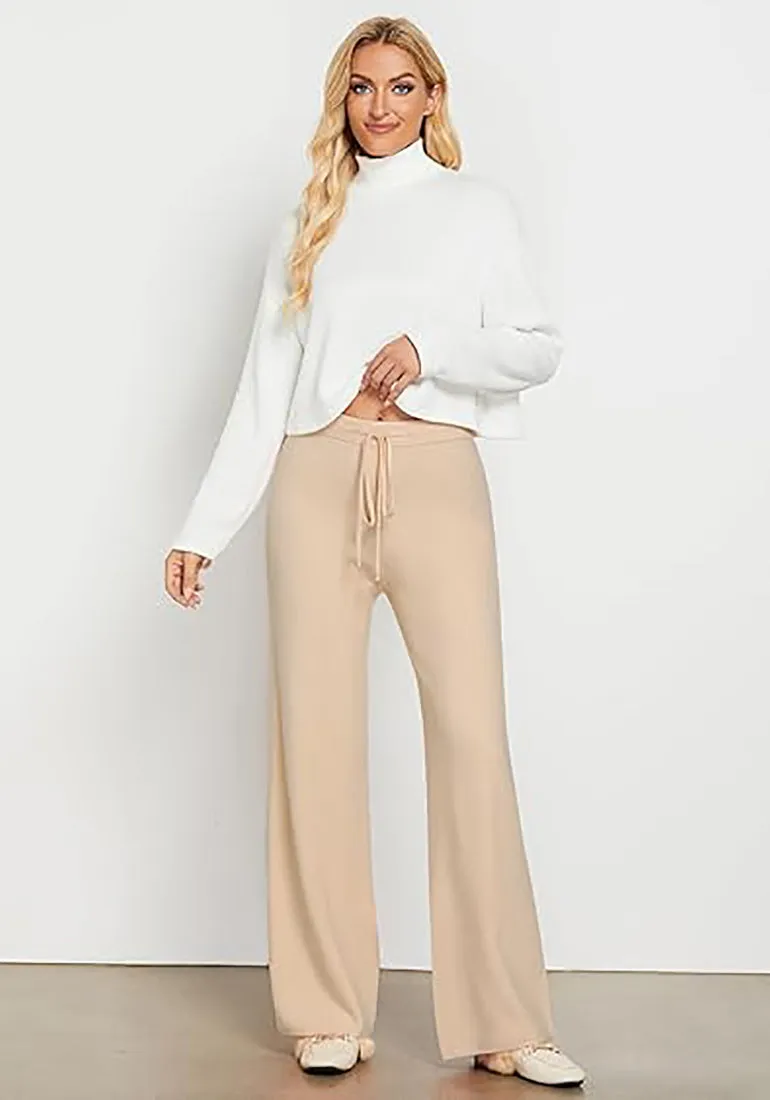 Women's Full-Length Wide Leg Stretch Casual Pants Elastic Waist Relaxed Fit