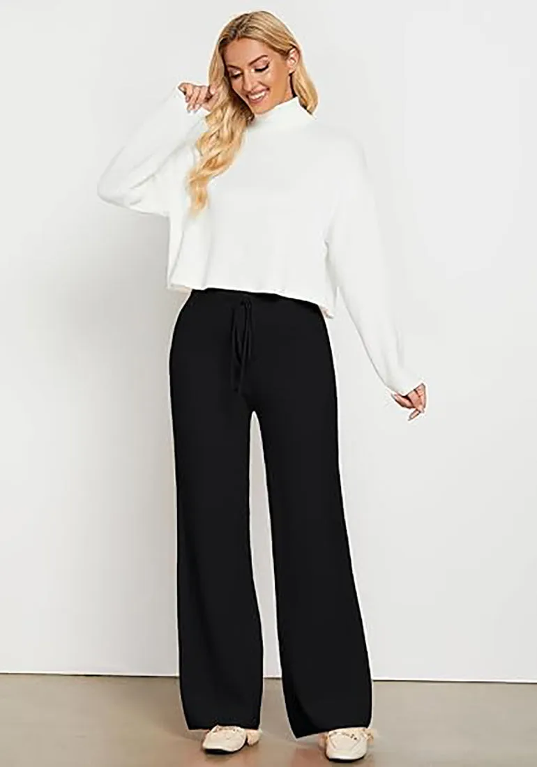 Women's Full-Length Wide Leg Stretch Casual Pants Elastic Waist Relaxed Fit