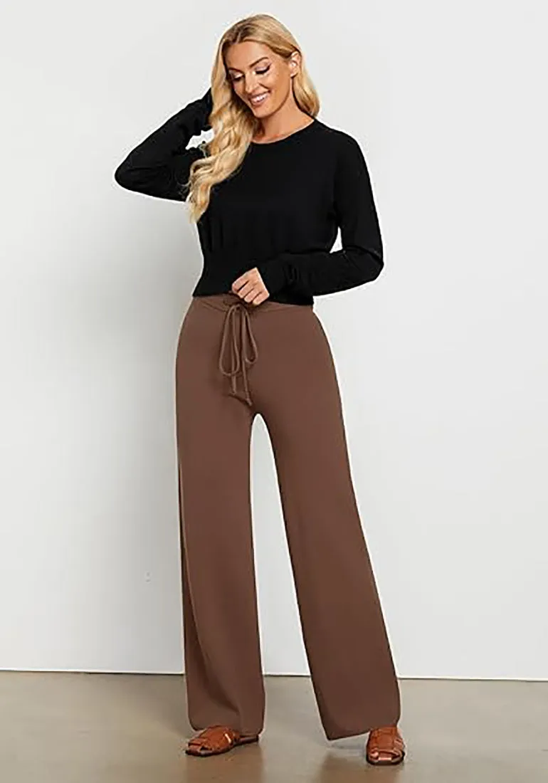 Women's Full-Length Wide Leg Stretch Casual Pants Elastic Waist Relaxed Fit