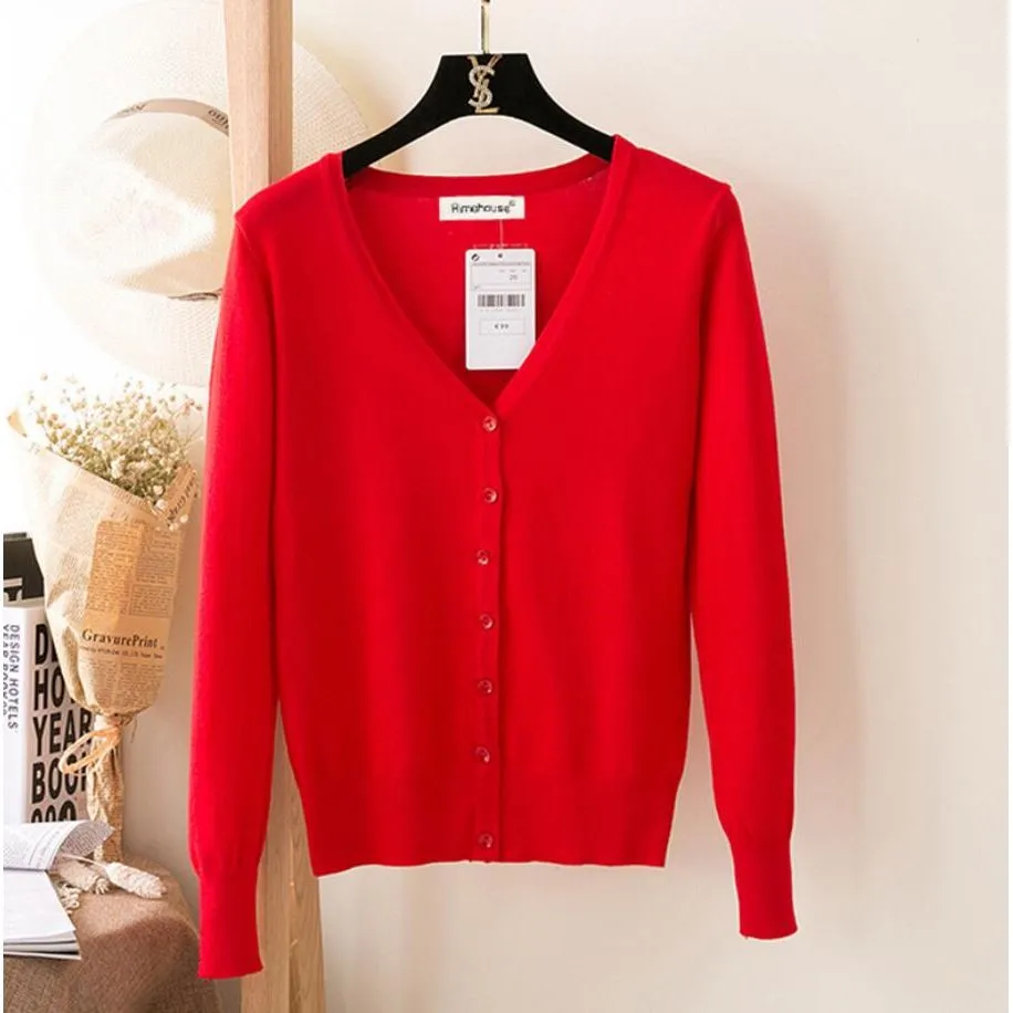 Women's Knitted Cardigan Coat Spring Autumn V-Neck Long Sleeved Sweater