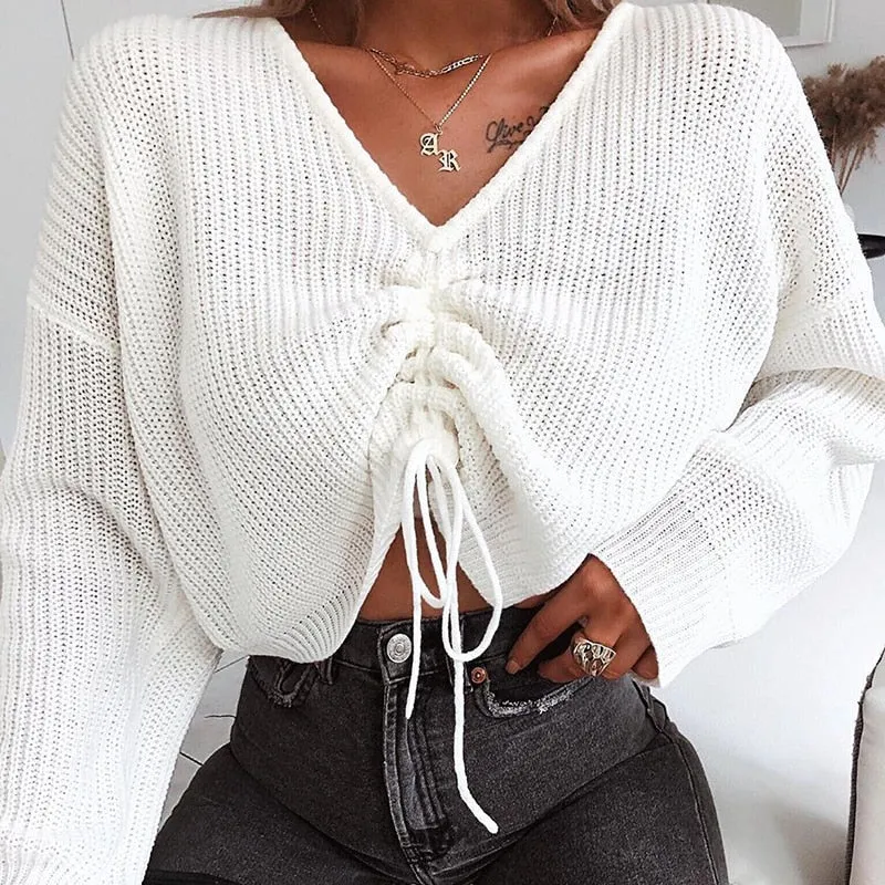 Women's Knitted Loose V-Neck Long Sleeve Sweater