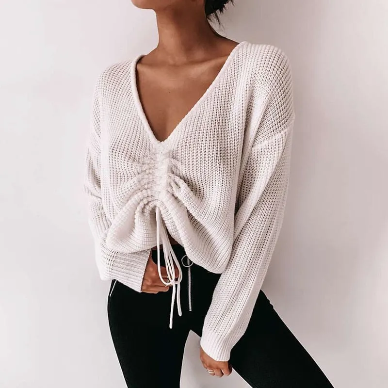 Women's Knitted Loose V-Neck Long Sleeve Sweater