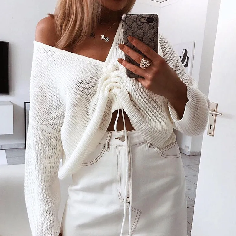 Women's Knitted Loose V-Neck Long Sleeve Sweater