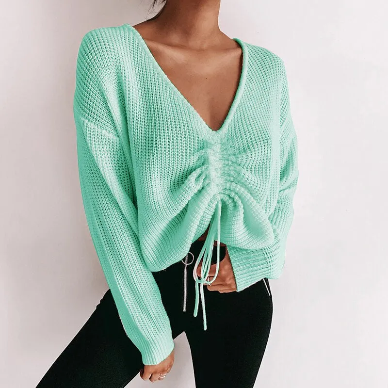 Women's Knitted Loose V-Neck Long Sleeve Sweater