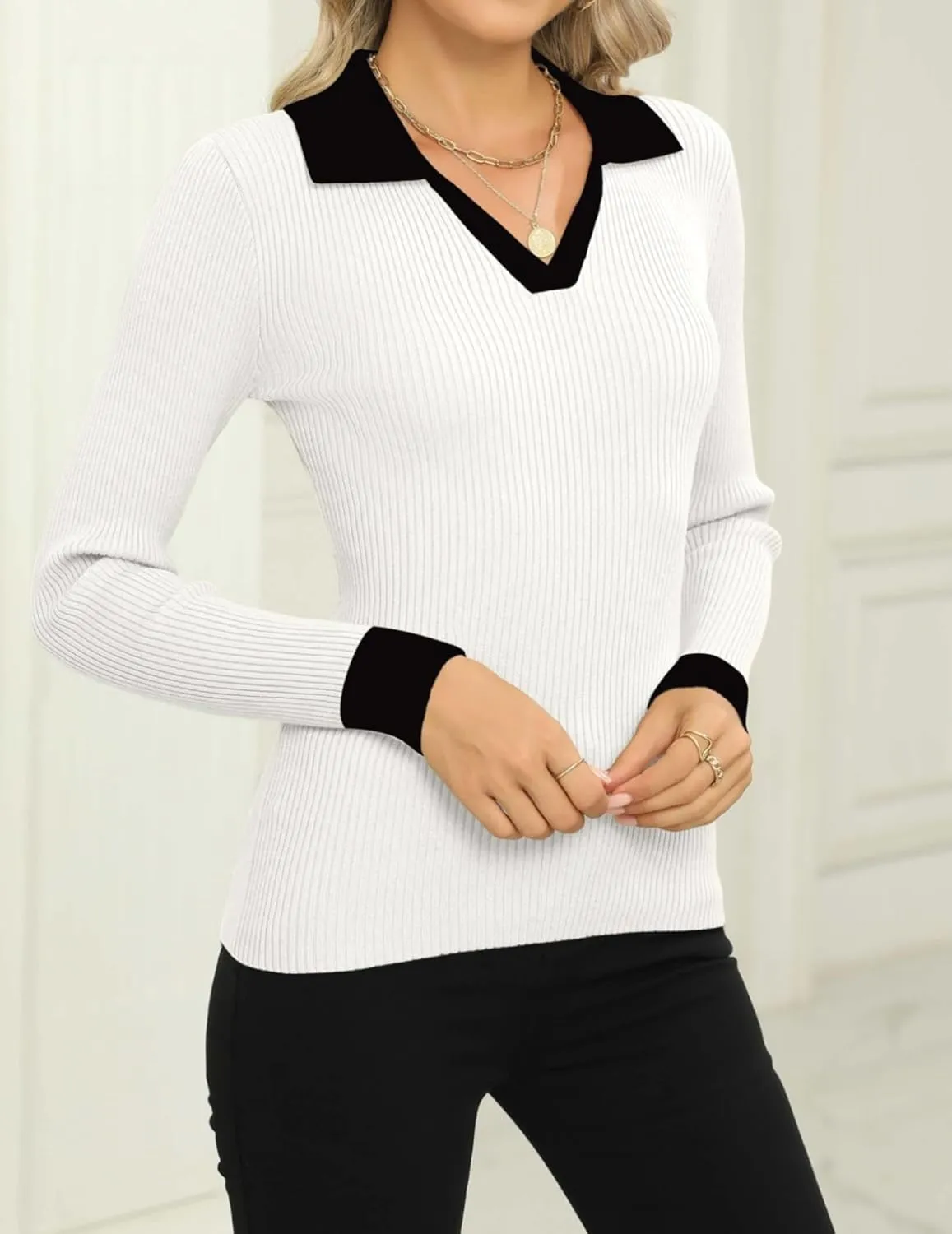 Zeagoo Womens Sweater Long Sleeve V Neck Ribbed Knit Tops